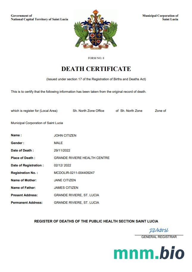 Saint Lucia śmierć certyfikat Word i PDF szablon